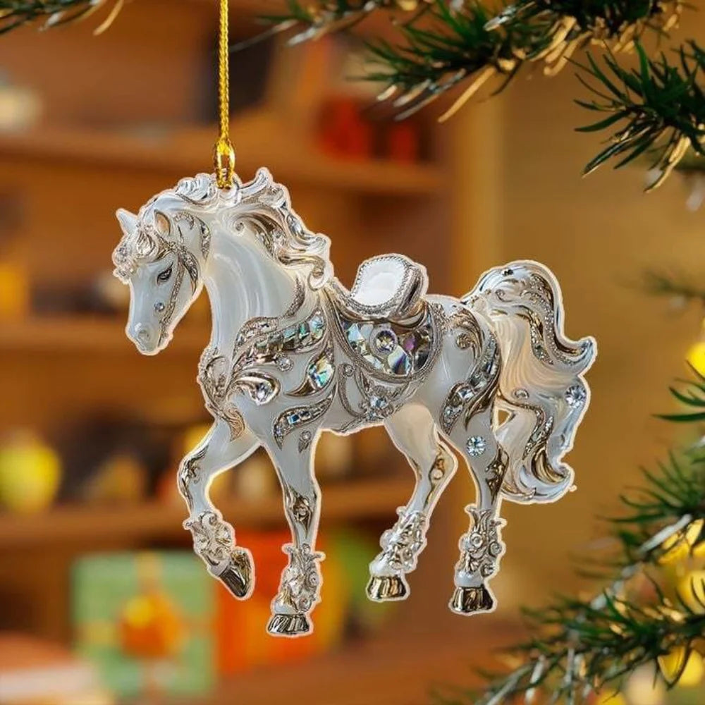 New Exquisite White Horse Acrylic Flat Car Rearview Mirror Pendant Home Decoration Backpack Keychain Hanging Christmas tree Deco Oasis Select D