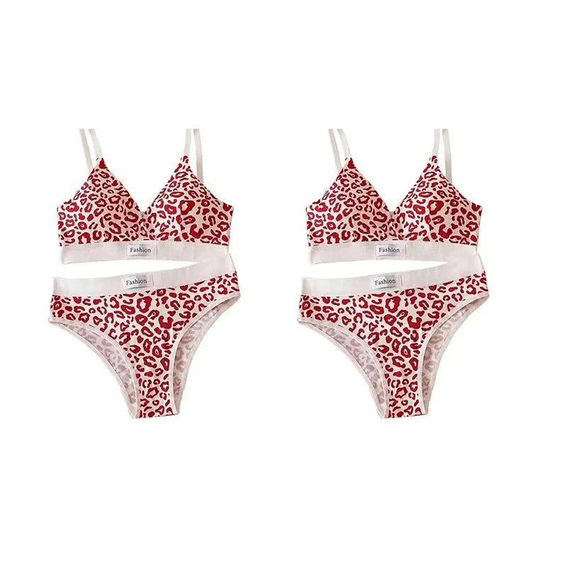 1-4pcs Summer Set New Women's Leopard Print Traceless and Steel Rim Bra Adjustable Shoulder Strap Back Women's Underwear Set Oasis Select Wine red 2 set One Size