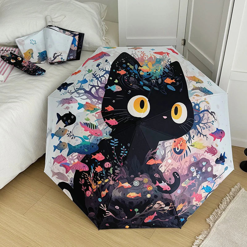 Cute Cartoon Fish and Cat Folding Umbrella Sun Protection Rain-proof UV Protection Umbrella Fully Automatic Sun Umbrella Oasis Select
