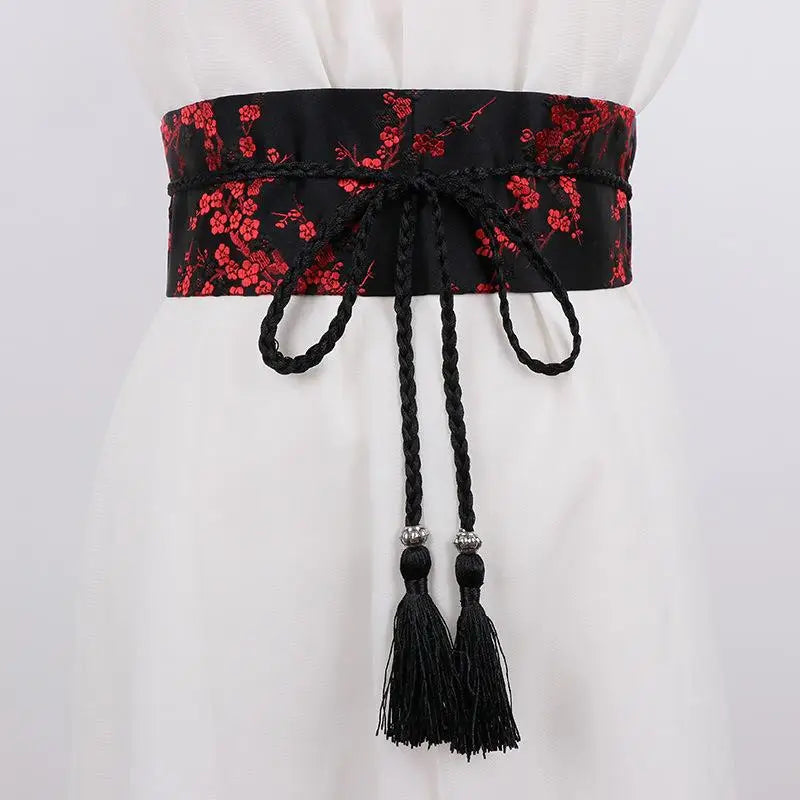 Vintage Floral Embroidered Waistband For Women Elegant Chinese Style Bow Tie Wrap Around Belt With Tassels For Dress Clothing Oasis Select E