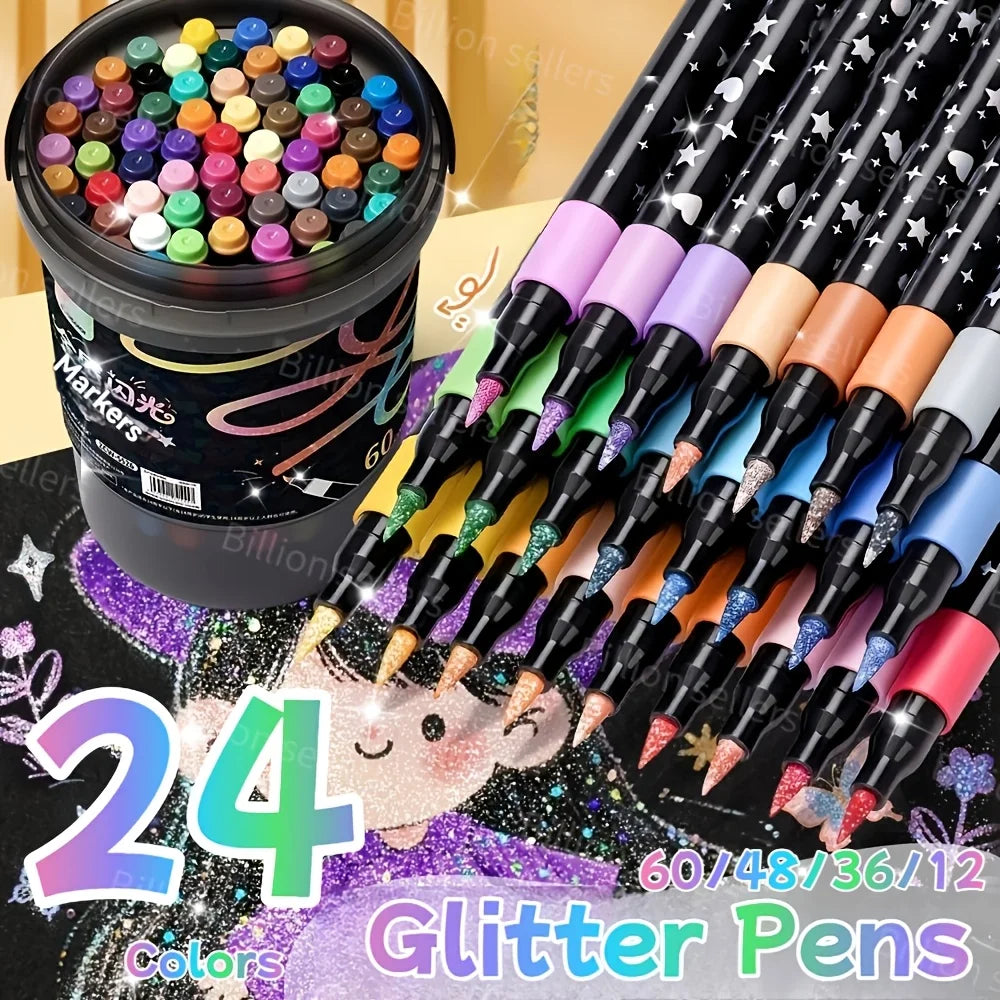 60/48/36/24/12 Color Glitter Markers Set - Water-Based Acrylic Glitter Pens for Student Art, Scrapbooking & Stationery Oasis Select 24 colors