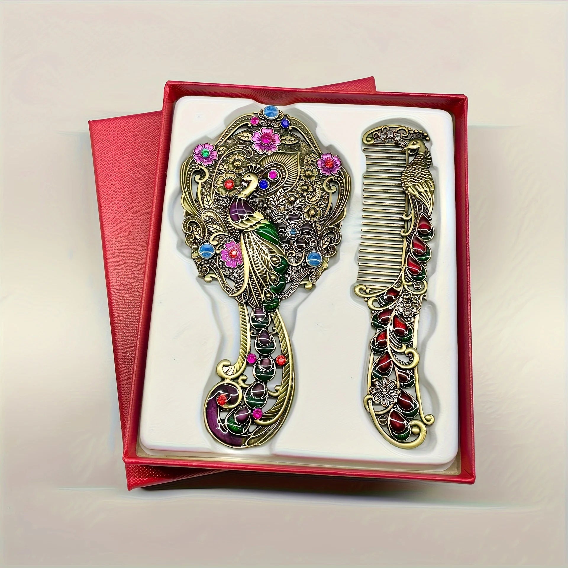 Vintage Peacock Handheld & Tabletop Mirror Set – 2pcs Decorative Mirror Set Oasis Select GreenPeacockk