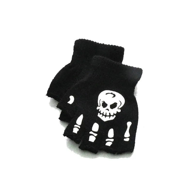 1/3/6Pairs Unisex Adult Halloween Skeleton Skull Half Finger Gloves Glow In The Dark Fingerless Stretch Knitted Winter Mittens Oasis Select 01-1pair