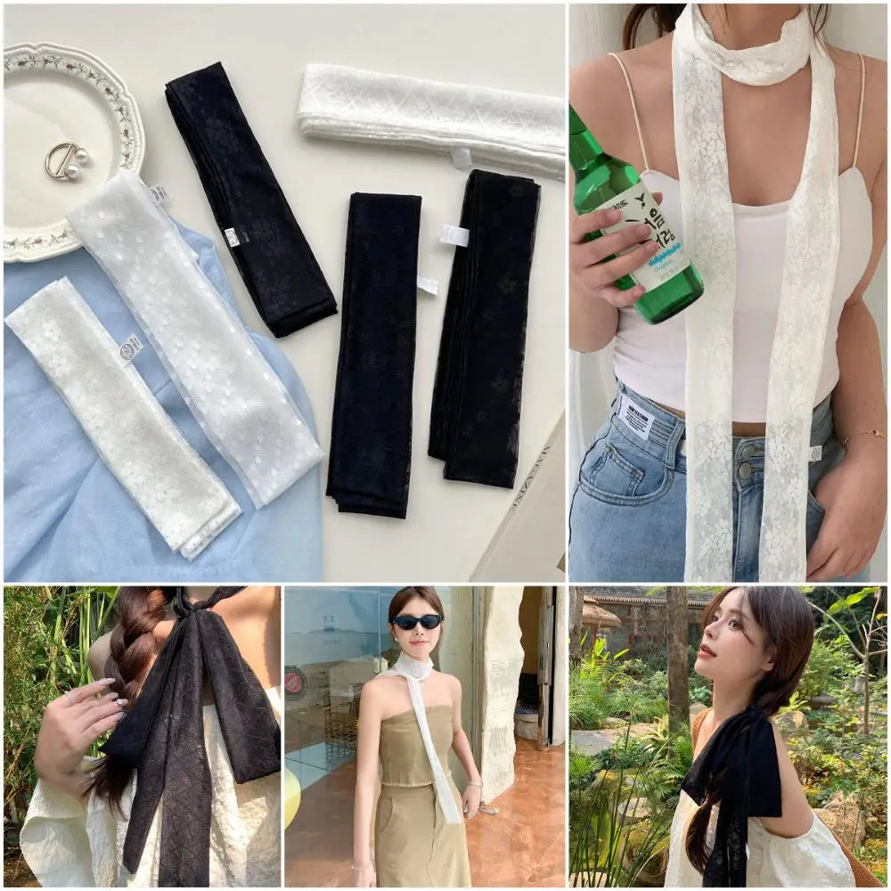 French Style Lace Long Scarf Dots Flower Elegent Hair Band Neckerchief Multi-functional Dressing Decoration Neck Strap Women Oasis Select