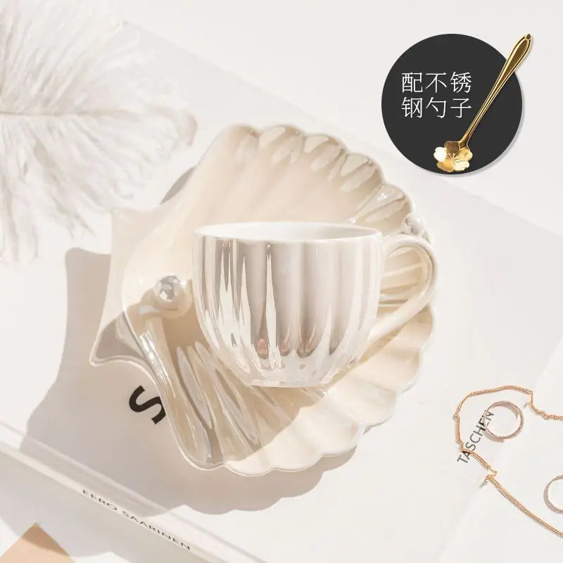 Shell Ceramic Mugs, Women's Coffee Water Cups Household Pearl Cup and Dish Sets High Appearance Level Cups Oasis Select White 240ml