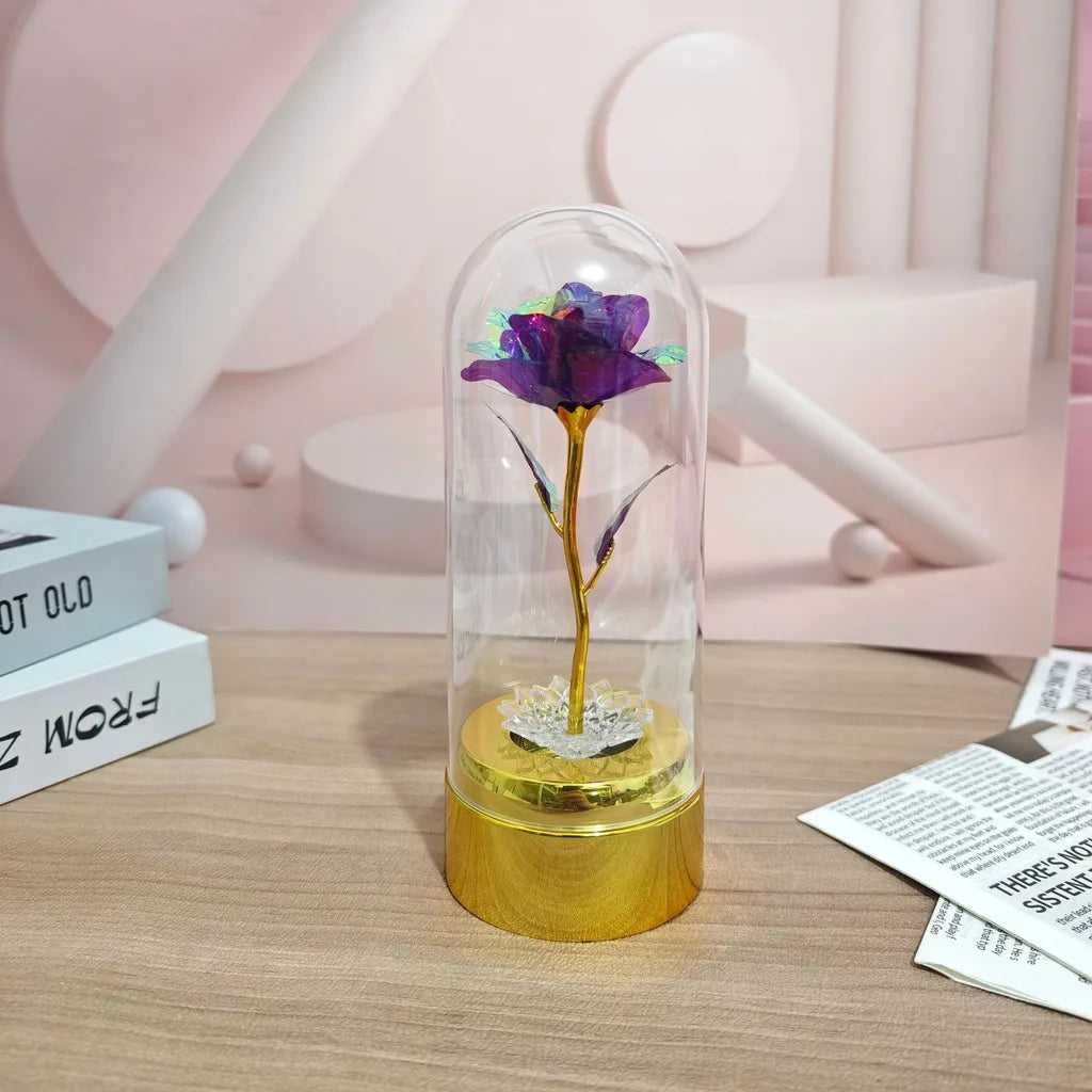 Never Beauty and the Beast Rose with Rose in Clear Dome with Led Light Powered by Battery Gift for Birthday Wedding Valentines Oasis Select Purple