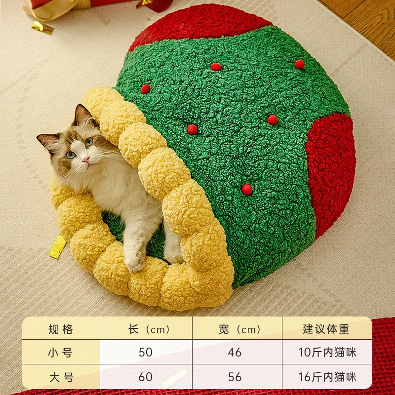 Autumn and Winter Warm Cat Bed Deep Sleep Semi-enclosed Dog Bed Warm Bed New Christmas Cat's nest Oasis Select sock socket S