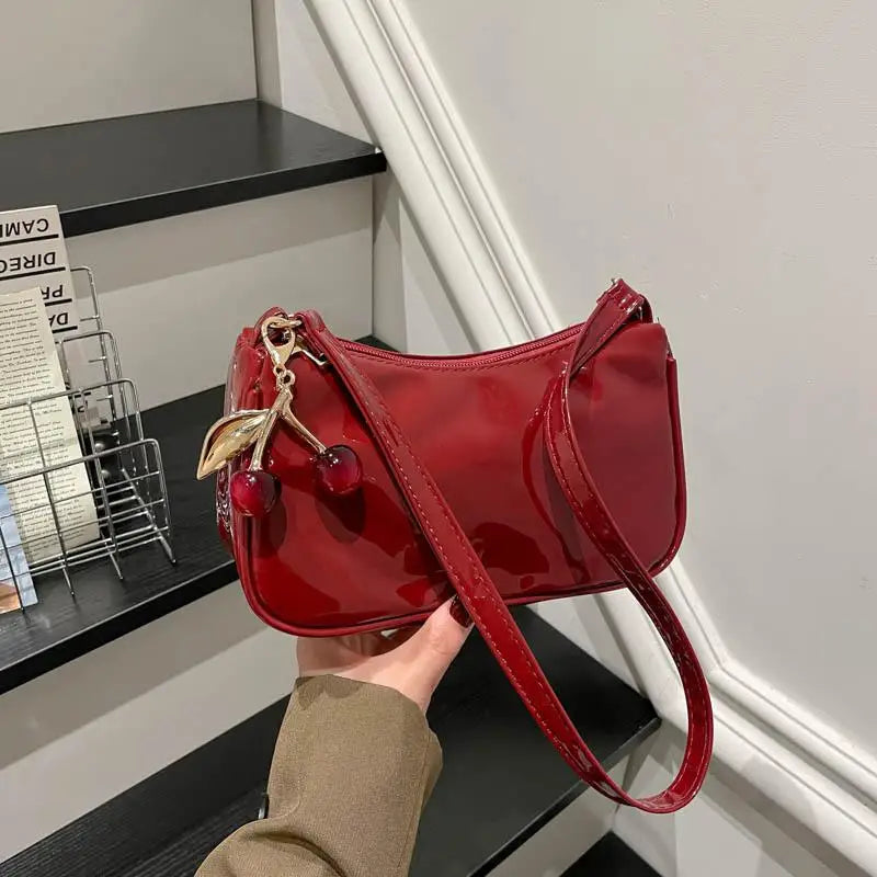 Women's PU Leather Shoulder Bag with Cherry Pendant