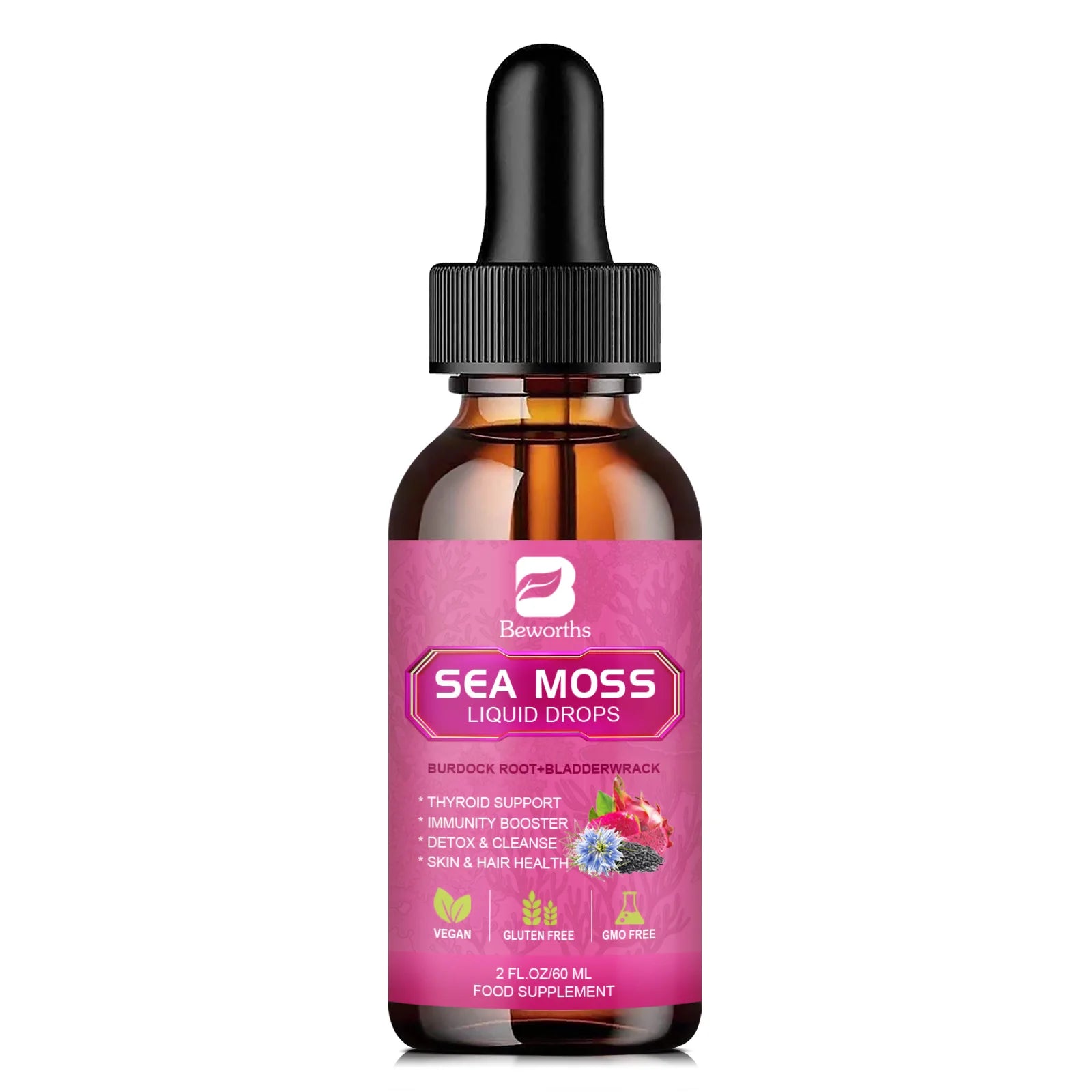BEWORTHS 3000MG Seamoss Liquid Drop Organic Black Seed Oil & Burdock Root Bladder Enhance Immunity, Hair,Skin & Digestion Health Oasis Select 60ml United States