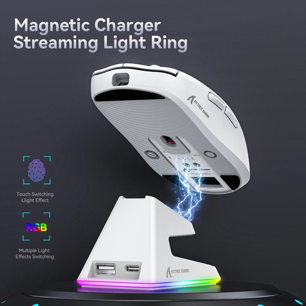 ATTACK SHARK X6 Magnetic Fast Charging Gaming Mouse wireless 56g-PAW3395 26K DPI, Tri-Mode BT5.2/2.4G/Wired，200H Battery, RGB Oasis Select