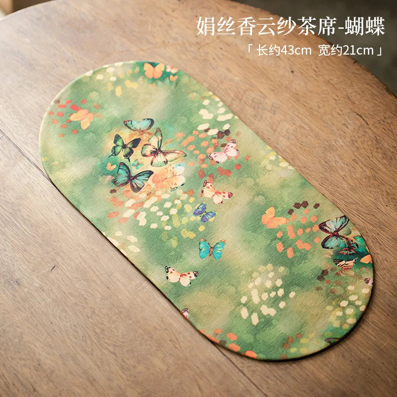 Double-sided Silk Fragrant Cloud Yarn Tea Mat Chinese Style Tea Table Heat Insulation Waterproof Mat Chinese Zen Dry Foam Mat Oasis Select Tea Mat-butterfly