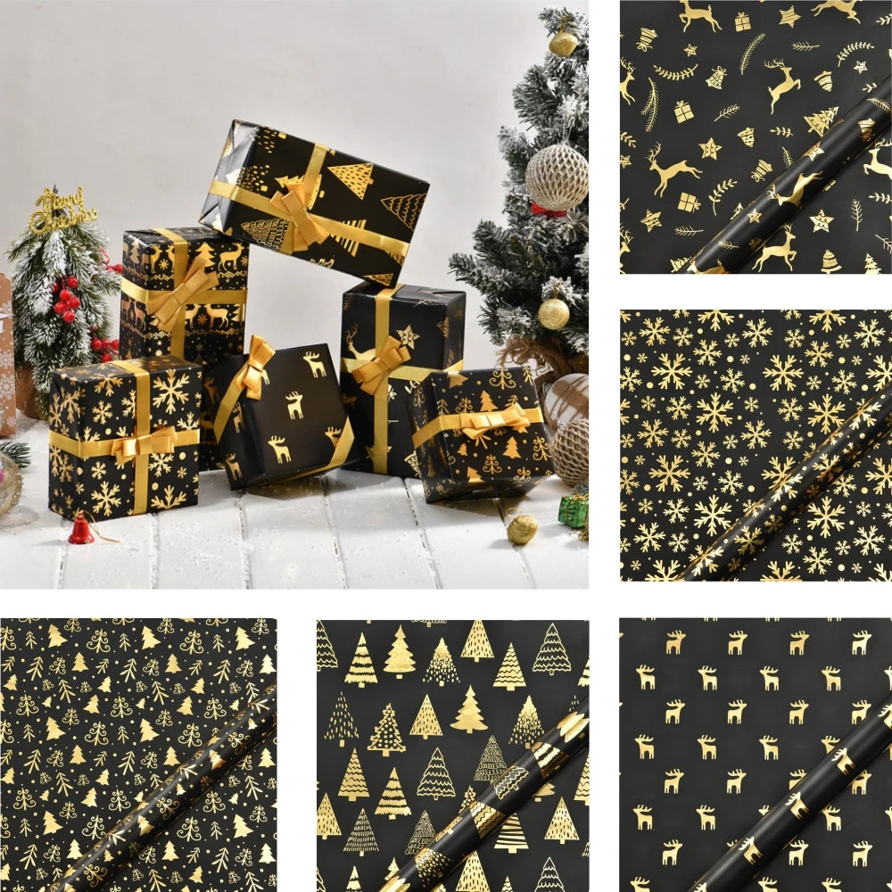 Black and Gold Foil Christmas Wrapping Paper – Reindeer & Snowflake Design on Glossy Coated Sheets for Holiday Gifts Oasis Select