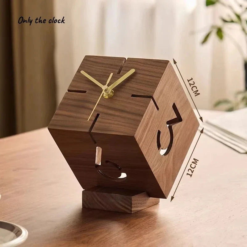 Simple and Luxurious Hollow Desktop Silent Desk Clock Ornament Creative Black Walnut Small Clock Fashionable Oasis Select cubes
