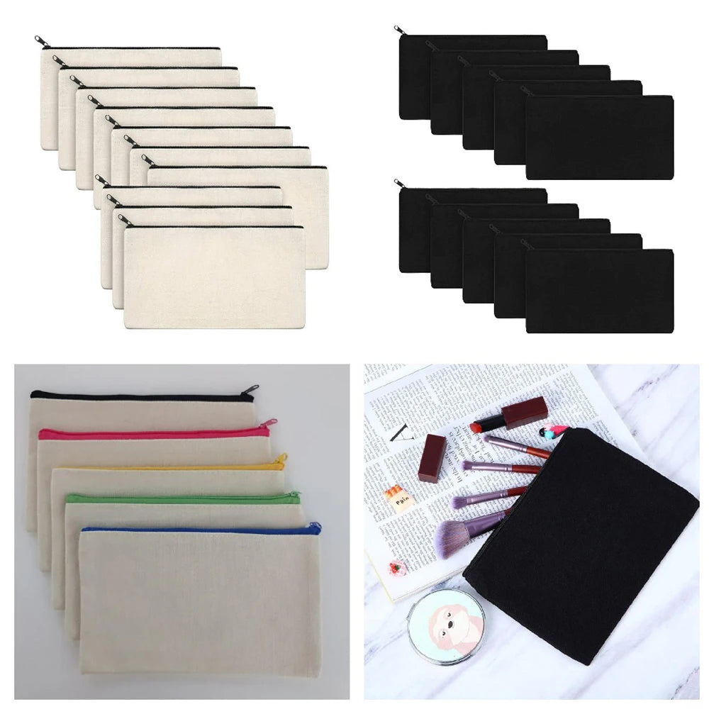 10pcs Blank Beige Diy Craft Bag Canvas Pencil Case Makeup Bags Zipper Pencil Bag Cosmetic Pouch Student Stationery Supplies Oasis Select