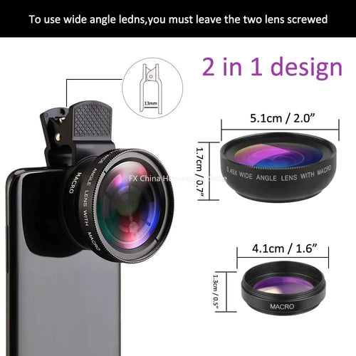 2 IN 1 Lens Universal Clip 37mm Mobile Phone Lens Professional 0.45X 49uv Super Wide-Angle + Macro HD Lens For iPhone Android Oasis Select