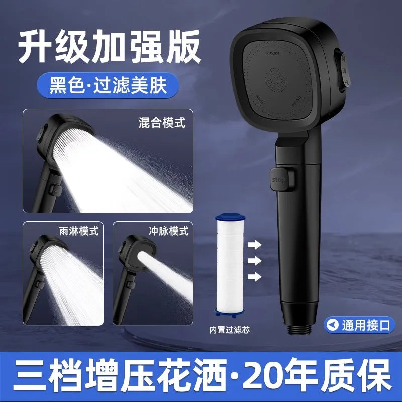 New 3 Modes High Pressure Shower Head Water Saving Shower Adjustable One-Key Stop Water Massage Sprayer Bathroom Accessories Oasis Select Black Shower B