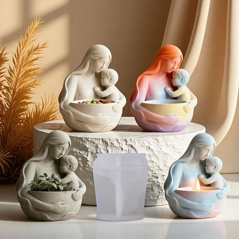 Mother Embraces Child Candle Cup Silicone Mold DIY Plant Small Flower Pot Gypsum Ceramic Mold Oasis Select