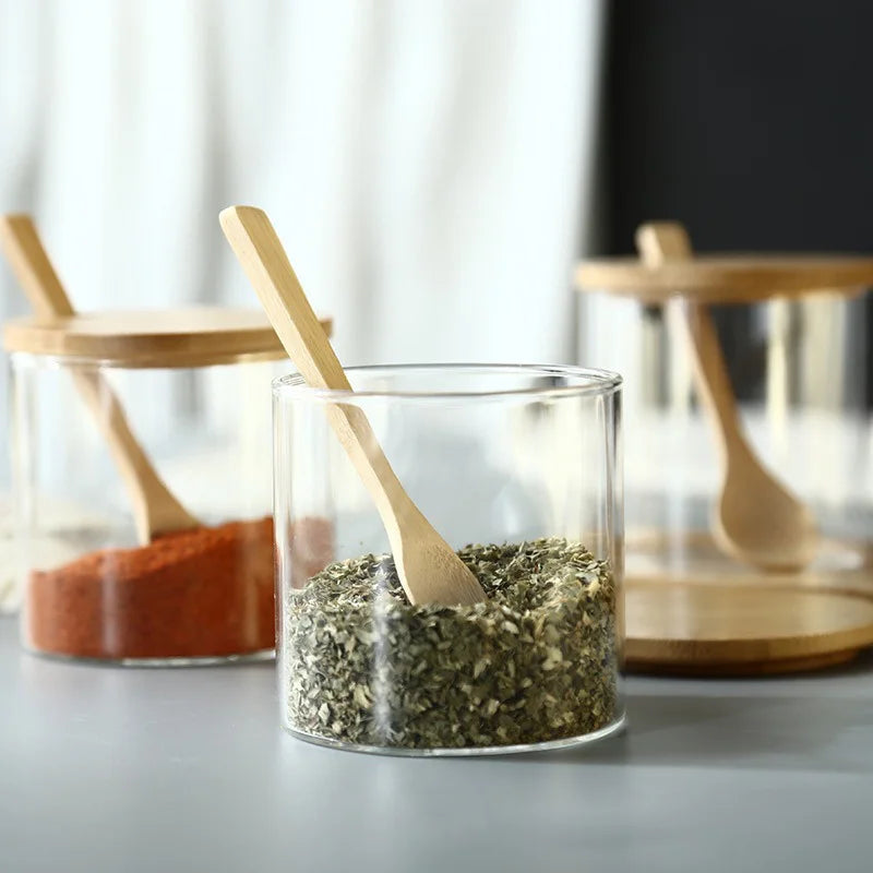 Kitchen Glass Condiment Jars Set Clear Spice Salt Container with Tray Coffee Beans Organizer Bottle Dust-Proof Seasoning Bottle Oasis Select