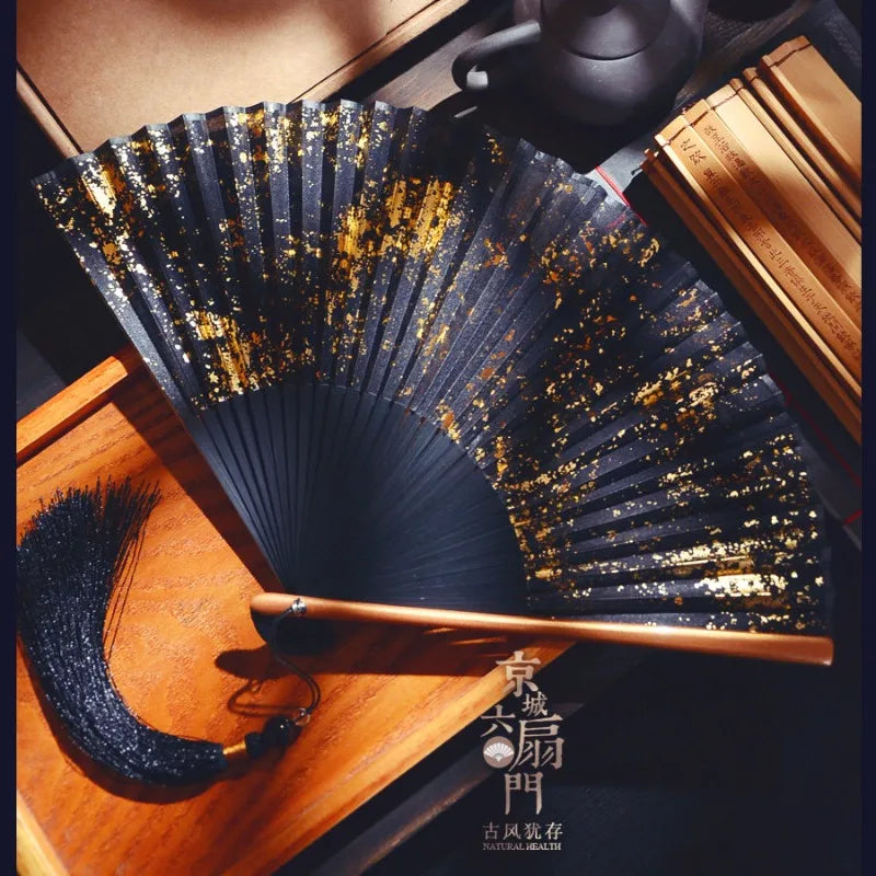 Gold Sprinkled Silk Folding Fan 6 Inch Pocket Size Sino Japanese Style Classic Handheld Decor for Ladies Daily Wear Oasis Select