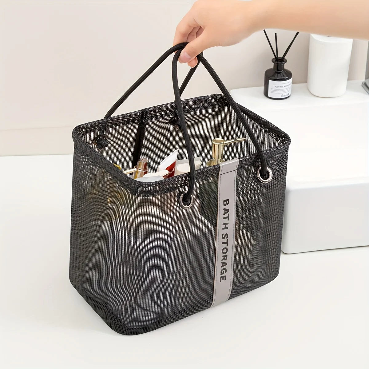Portable Mesh Toiletry Bag Handle Quick Drying Large Capacity Bathroom Shower Travel Makeup Tote Handbag Organizer Basket Oasis Select