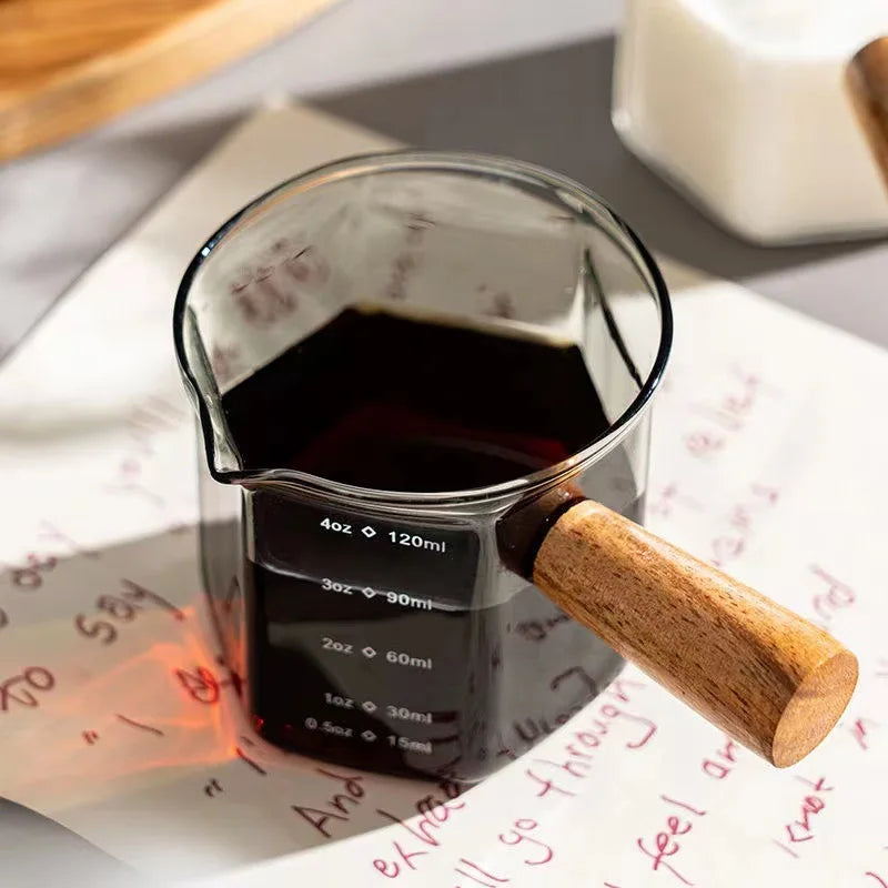 120ml Hexagon Wood Handle Glass Espresso Measuring Cup Milk Latte Jug Coffee Supplies Kitchen Mug Drinkware Double Bottom Oasis Select