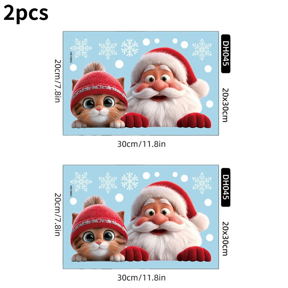 Christmas Window Door Mirror Stickers Santa Claus Cat Snowflake Glass Window Electrostatic Decal for Christmas Party Decoration Oasis Select 2pcs