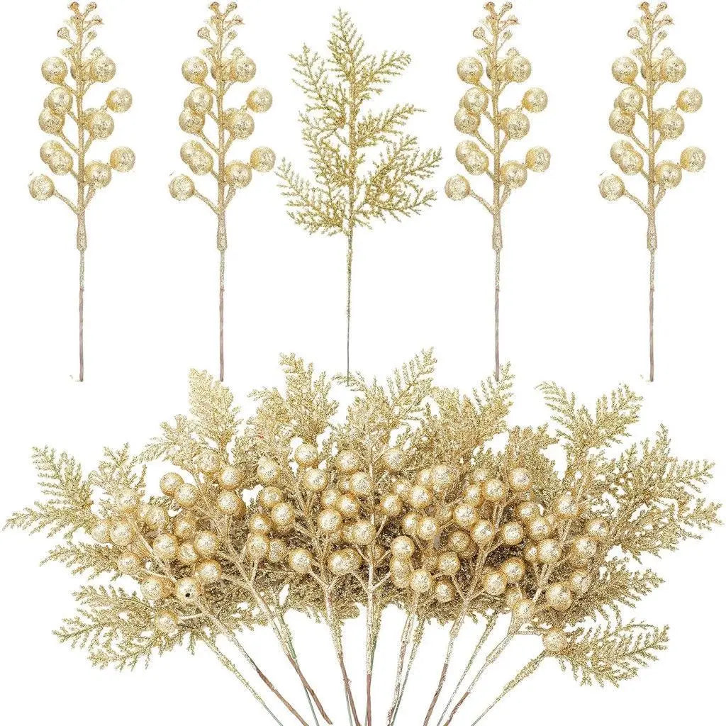 5Pcs Christmas Decoration Glitter Berrie Artificial Flower Bouquet Christmas Tree Ornaments for Home New Year 2025 Navidad Decor Oasis Select gold