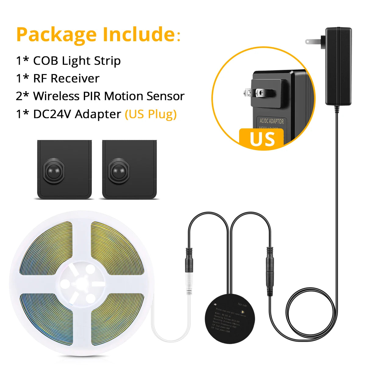 COB 24V LED Strip Wireless PIR Human Motion Sensor LED Night Light RF Reciever Smart Induction Lamp For TV Kitchen Cabinet Stair Oasis Select Two Sensor Switch-US White DC24V|3m