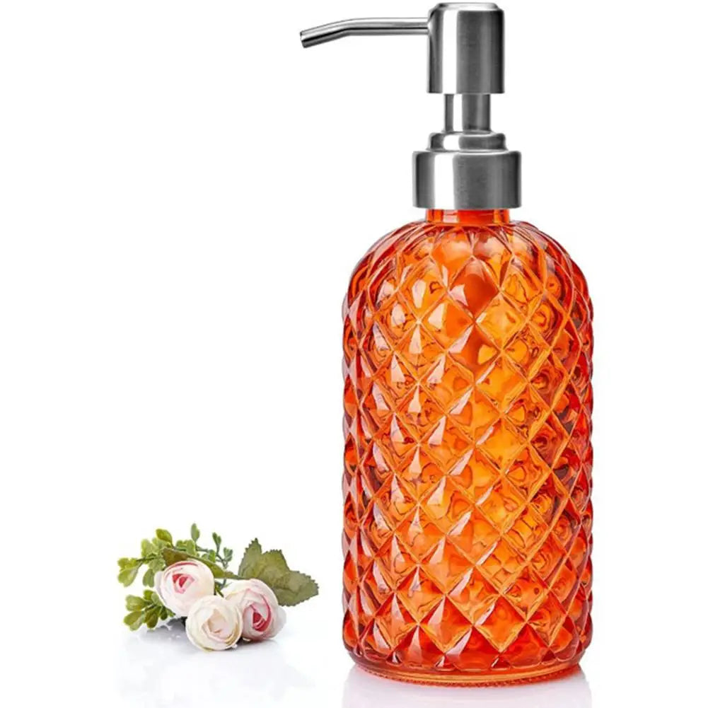 480ML Glass Soap Dispenser Rust Proof Stainless Steel Pump, Gem Patterned Refillable Hand Soap Dispenser for Kitchen Bathroom Oasis Select