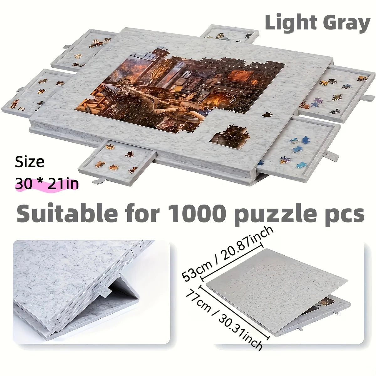 1000pcs Puzzle Board W/6 Sliding Drawers - Portable Non-Slip Organizer, Durable Storage for Home/Travel, Also Decor Panel Oasis Select 1000pcs Light Grey