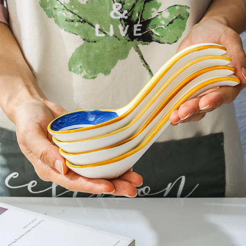 Japanese Style Spoon Ceramic Soup Spoon Daily Ceramic Soup Spoon Ramen Extended Handle Small Spoon Bent Spoon Tableware Oasis Select