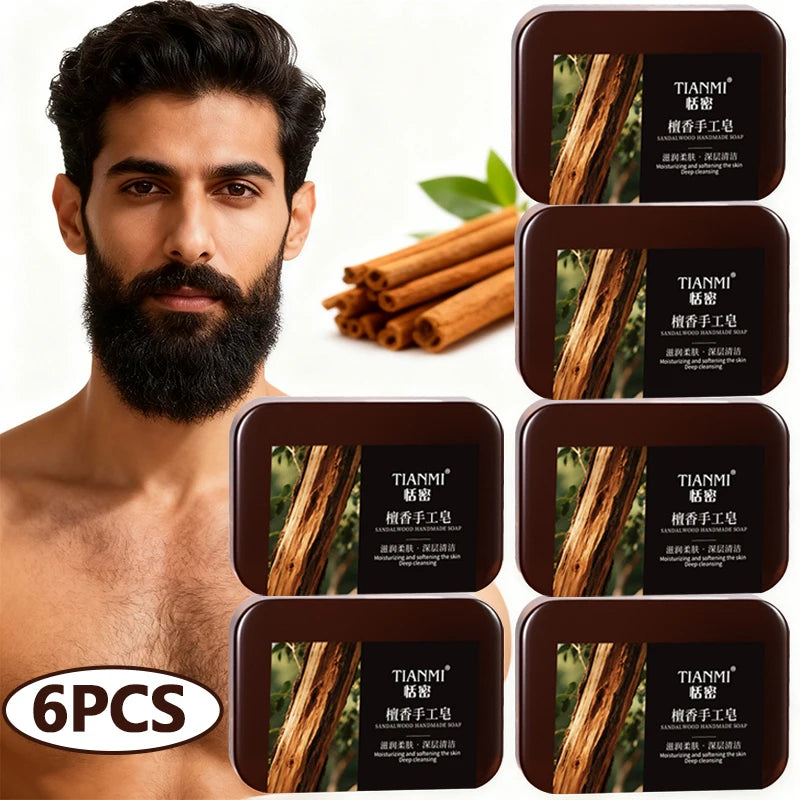 6PCS Men's Sandalwood Handmade Soap, three-in-one, Cleansing Soap cleanses face, hair, bathes the whole body, moisturizes Oasis Select