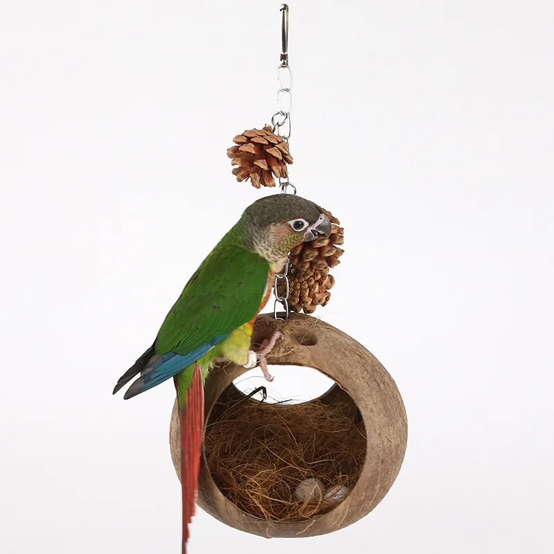 Coconut Bird Nest Hut With Ladder Hanging,Hanging Coconut Bird House Parrot Hideout Bird Cage For Lovebird Pigeons Pet Supplies Oasis Select