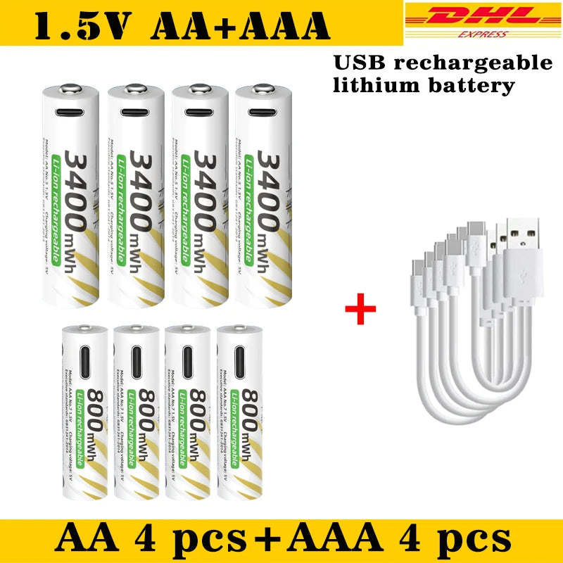 AAA and AA Rechargeable Batteries USB Lithium-ion 3400mWh 1.5V AA Rechargeable Batteries+800mWh 1.5V AAA Battery+ Type-C Cable Oasis Select AA 4pcs AAA 4pcs