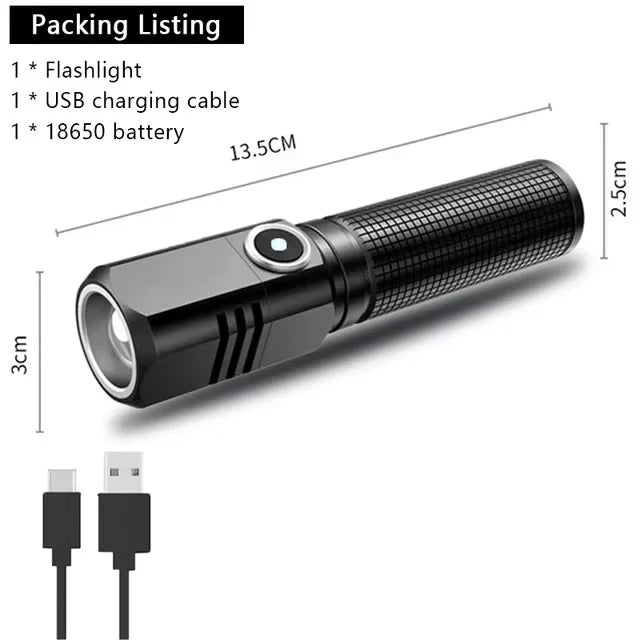 Super Bright Mini LED Flashlight USB Rechargeable Zoom Tactical Flashlight 3 Lighting Mode Outdoor Camping Fishing Torch Oasis Select long With battery