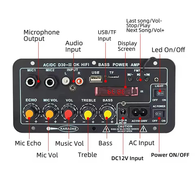 DC 12V Bluetooth 5.0 Digital Audio Amplifier Board Dual Mic AC 110V 220V Subwoofer Karaoke AMP Home Theater Car Speaker 30W 50W Oasis Select