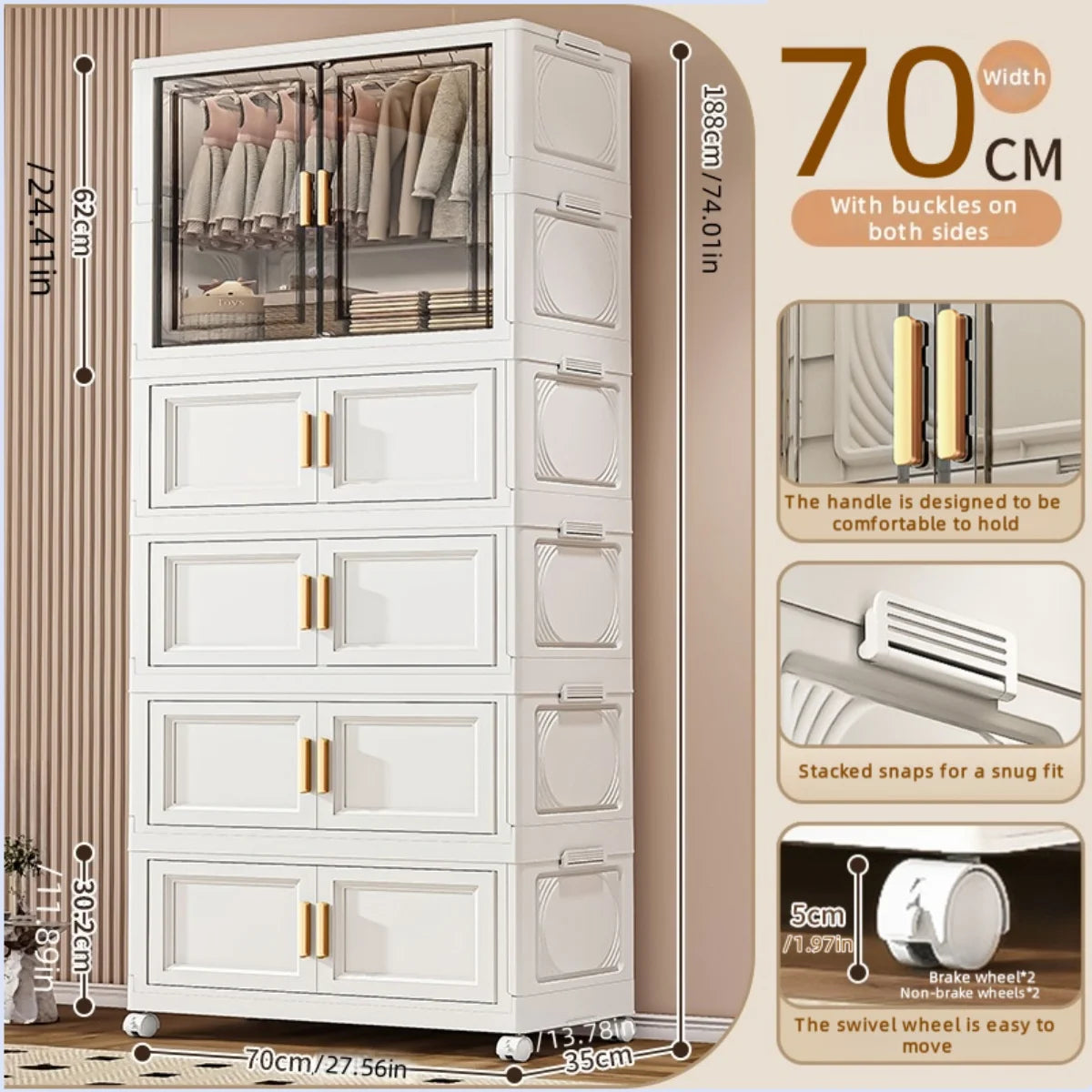 Foldable plastic storage box, simple wardrobe for home bedroom closet toy storage cabinet, no installation required Oasis Select 70cm 1 Large 4 Small