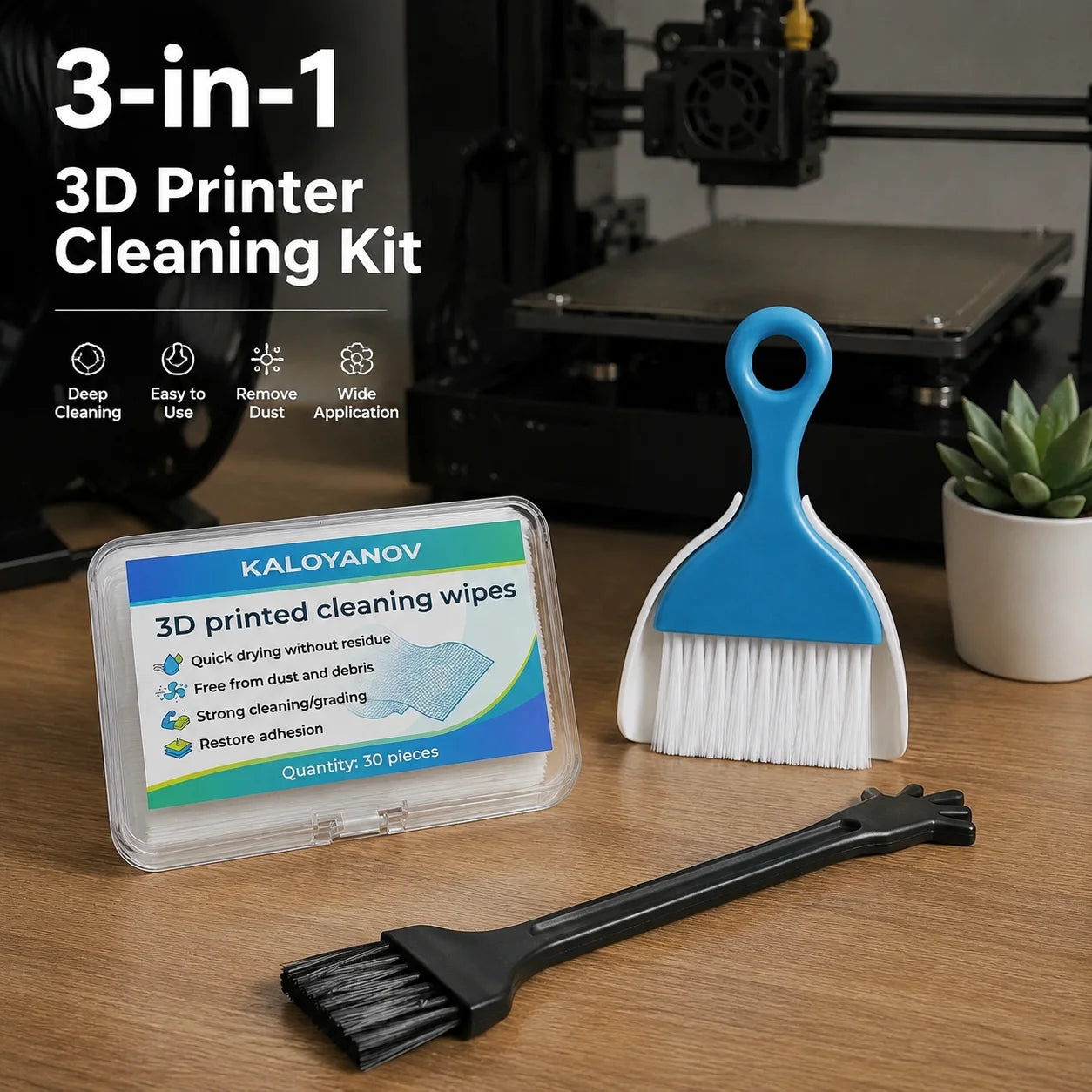 3D Printer Bed Cleaning Wipes 30PCS + Detail Brush & Desktop Brush with Dustpan – Quick-Drying Lint-Free FDM/SLA Surface Cleaner Oasis Select