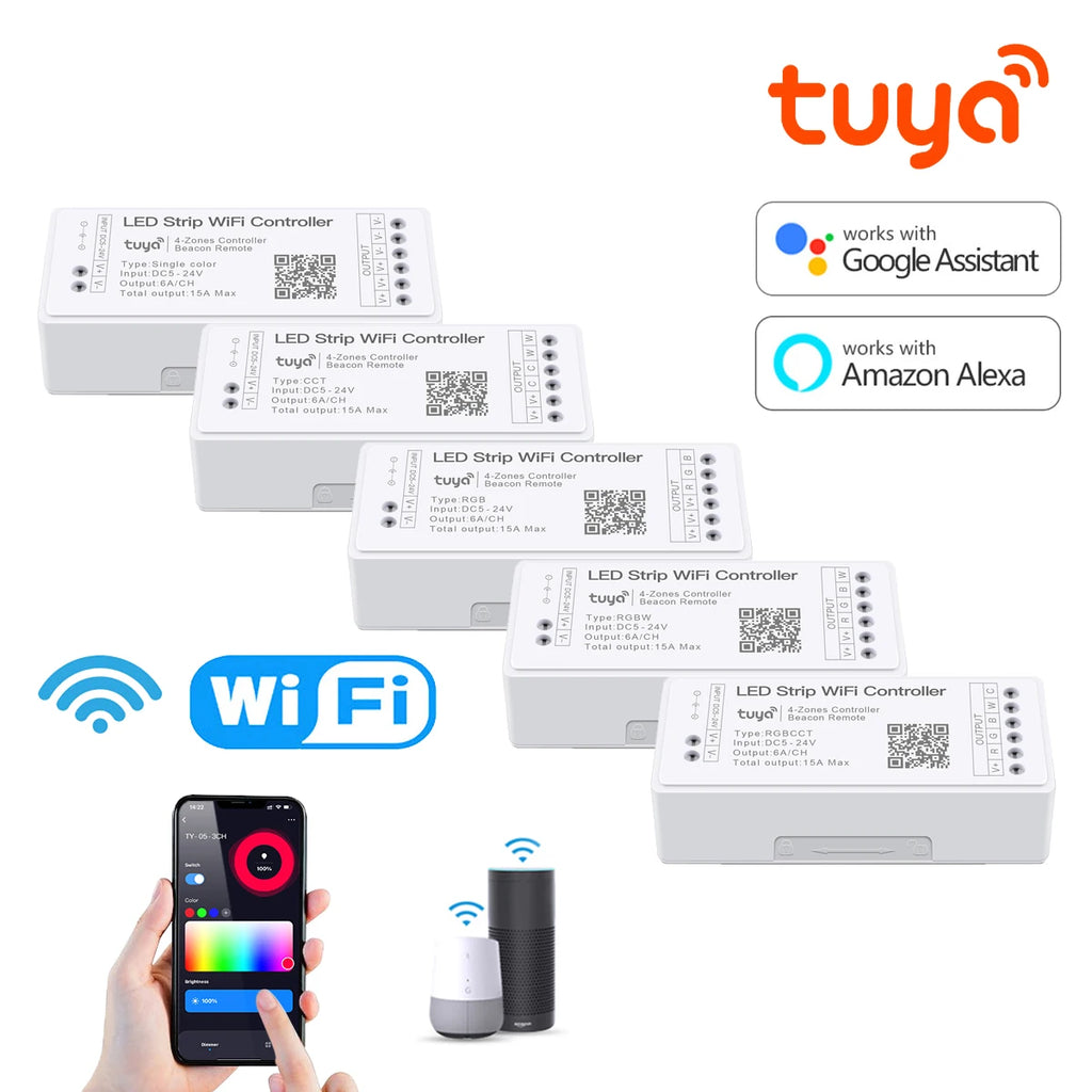12V-24V Smart Tuya WiFi LED Controller Dimmer Single Color/CCT/RGB/RGBW/RGBCCT LED Strip Controller APP Control for Alexa Google Oasis Select