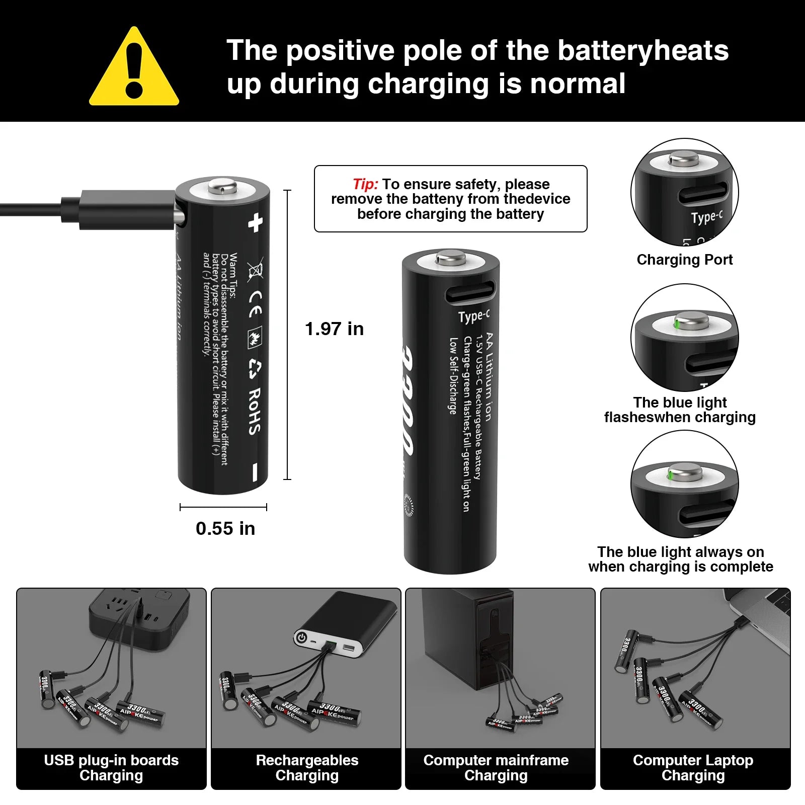 AIPEKE USB Aa rechargeable batteries 3300mWh aa lithium rechargeable batteries 1.5v for Hunting Camera Remote Control Mouse Oasis Select
