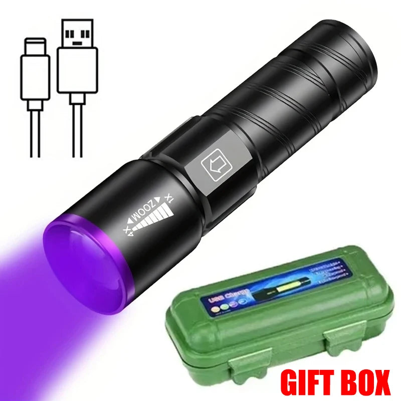 UV 395NM Flashlight Rechargeable UV Zoomable Torch 3 Modes Camping Ultraviolet Flashlights for Pet Stacks Fluorescent Detection Oasis Select with box