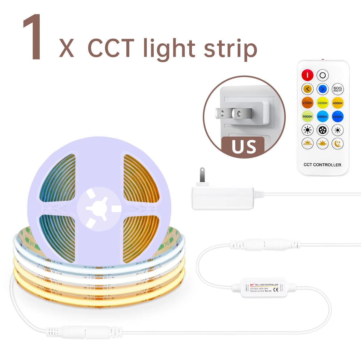 24V CCT COB LED Strip Cabinet Light with Wireless Remote Control Dimmable,High Color Rendering,No Flicker,2700K To 6500K Change Oasis Select USA Power Plug CCT 2700K To 6500K 10M Kit