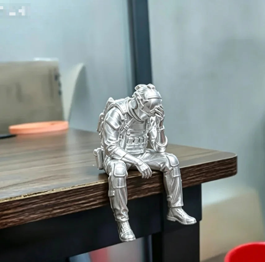 Military Style Sitting Soldier Figurine 3D Printed Miniature Tactical Gear Desk Ornaments Home Office Bookshelf Decor Craft Gift Oasis Select Silver Soldier