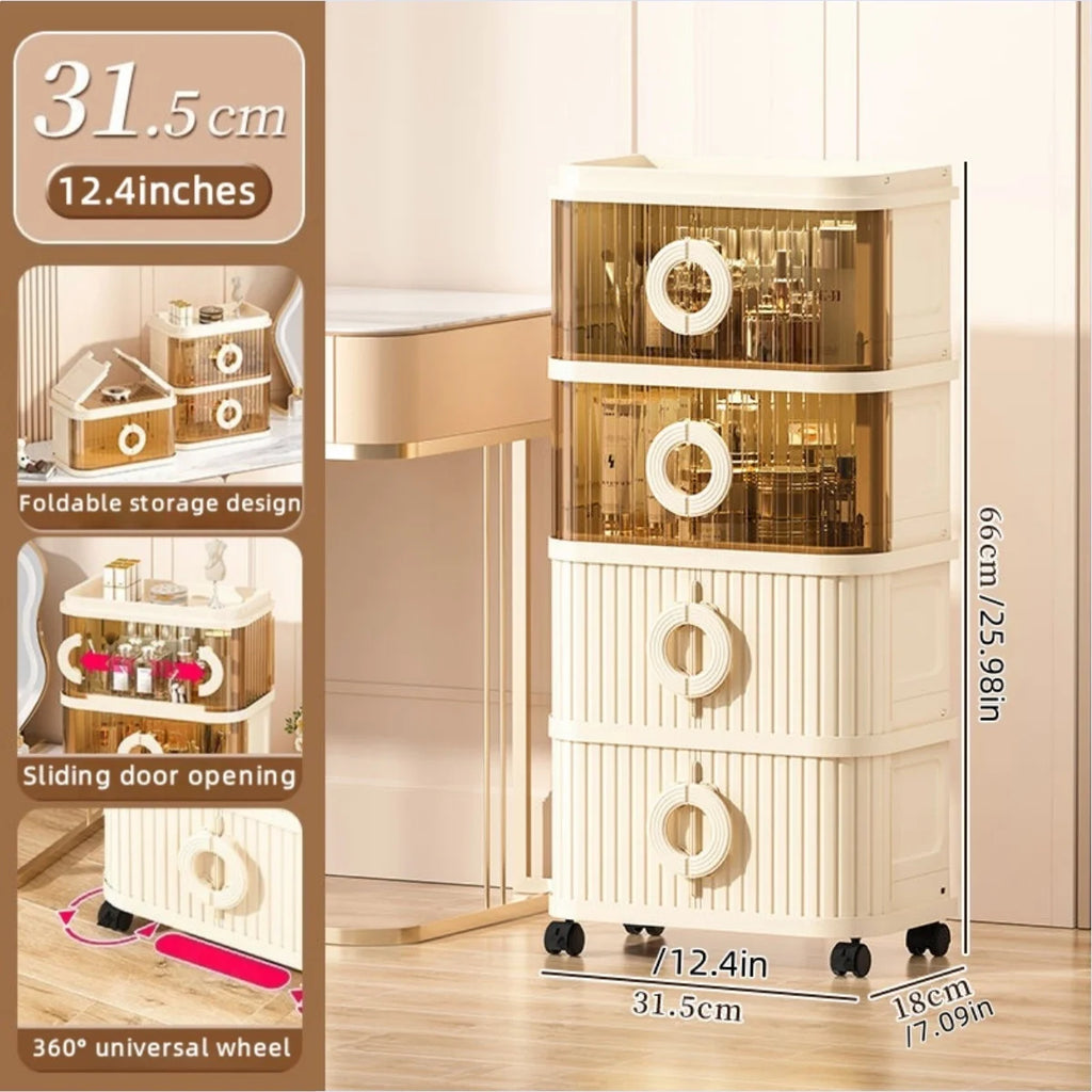 Foldable Makeup Organizer - No Assembly Rolling Cart with Sliding Doors, Large Capacity Space-Saver for Home Storage Oasis Select 4 Tiers Mixed