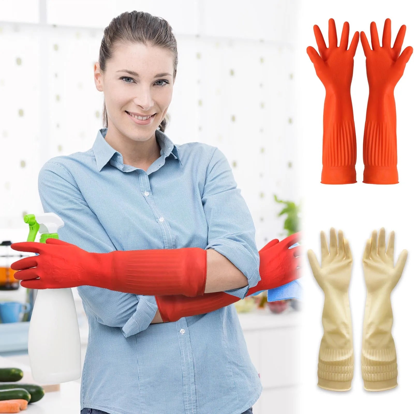 1pair Flexible Comfortable Rubber Clean Gloves Red Dish Washing Long Home Bathroom Cleaning Kitchen Accessories Oasis Select