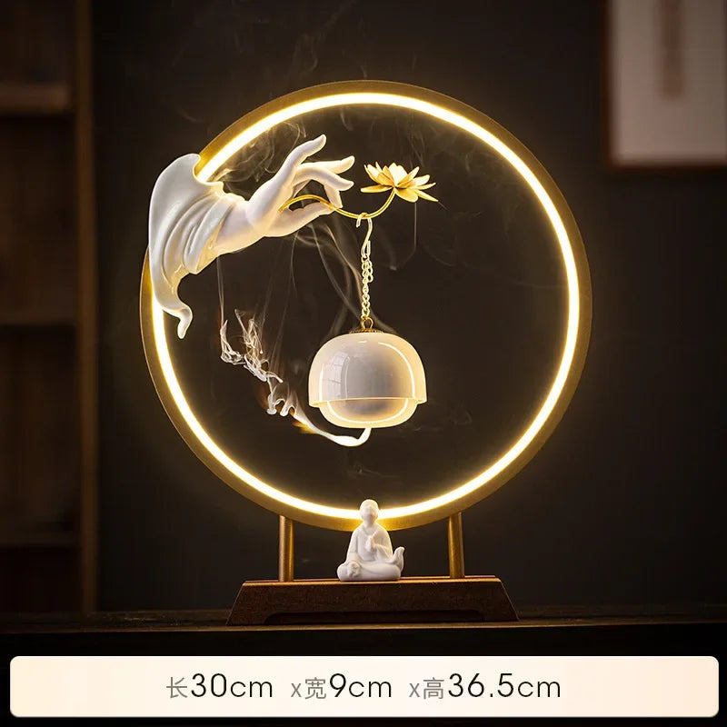 New Chinese Zen Buddha Hand Lotus Incense Decoration Creative Living Room Decorative Light Ring Reverse Flow Incense Burner Oasis Select White B