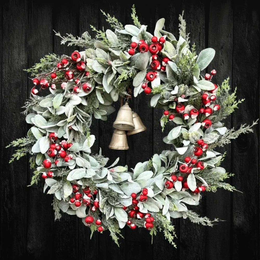 Christmas Red Berry Bell Garland Pine Leaves Flocked Leaves Patio Holiday Decoration Door Hanging Party Decoration Oasis Select