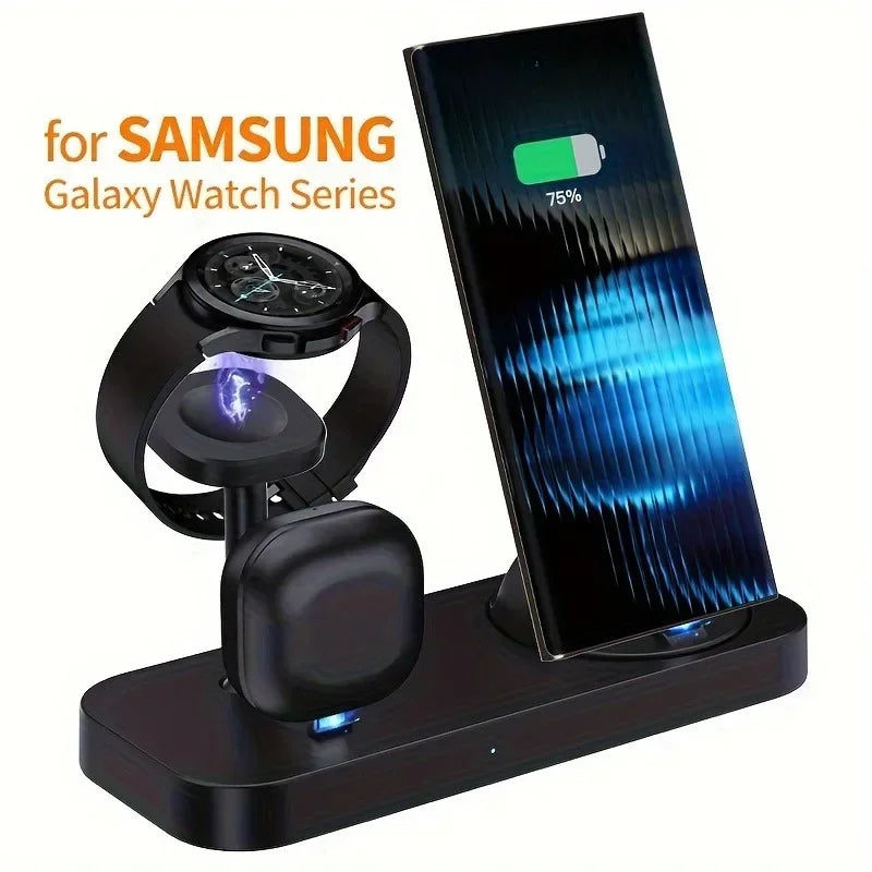 Dual Coil 3 in 1 Wireless Charging Stand Ventilation Hole Overheat Protection Wireless Charger for Samsung Phone Watch Earphones Oasis Select black