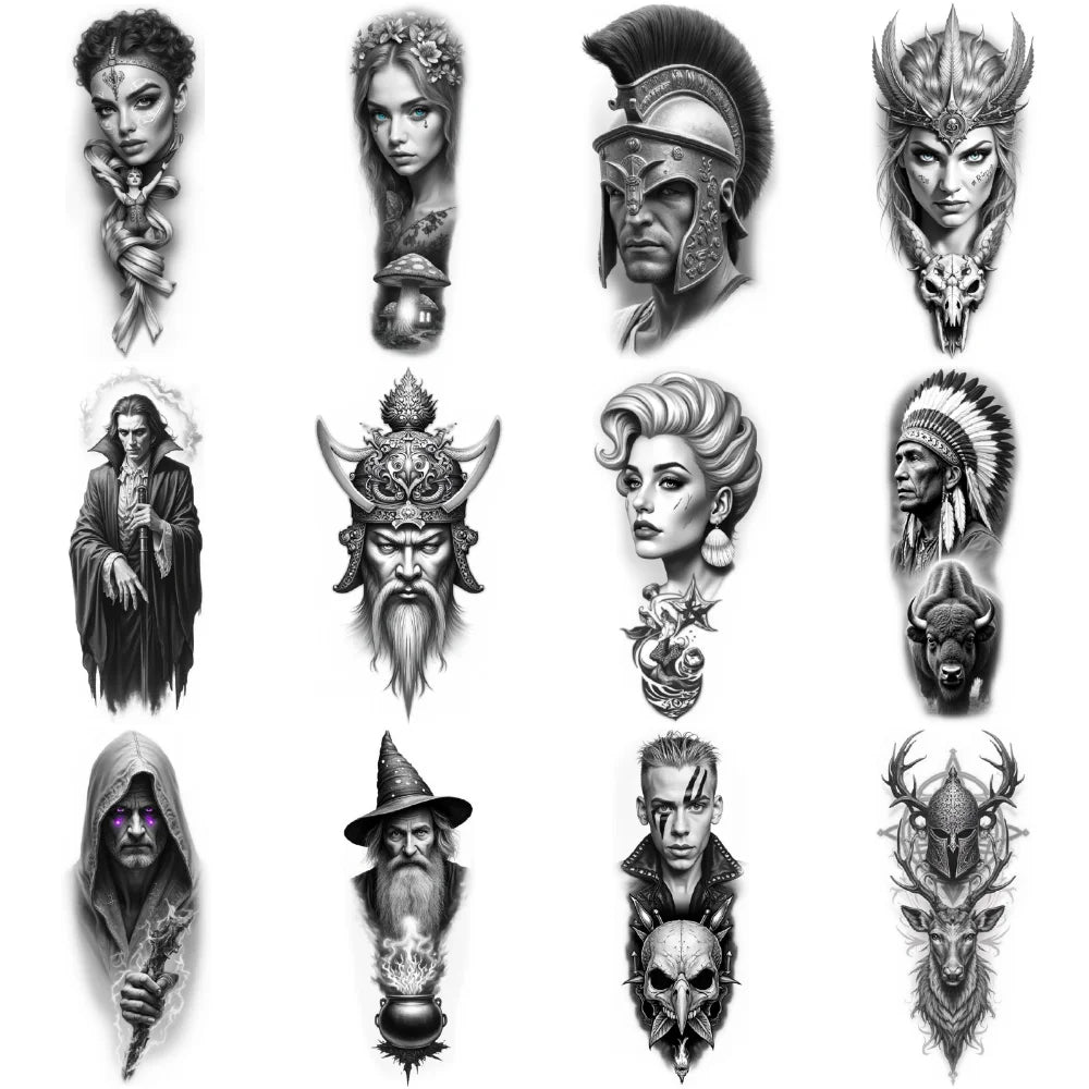 12pc Black & Grey Temporary Tattoos – Skull, Warrior & Animal