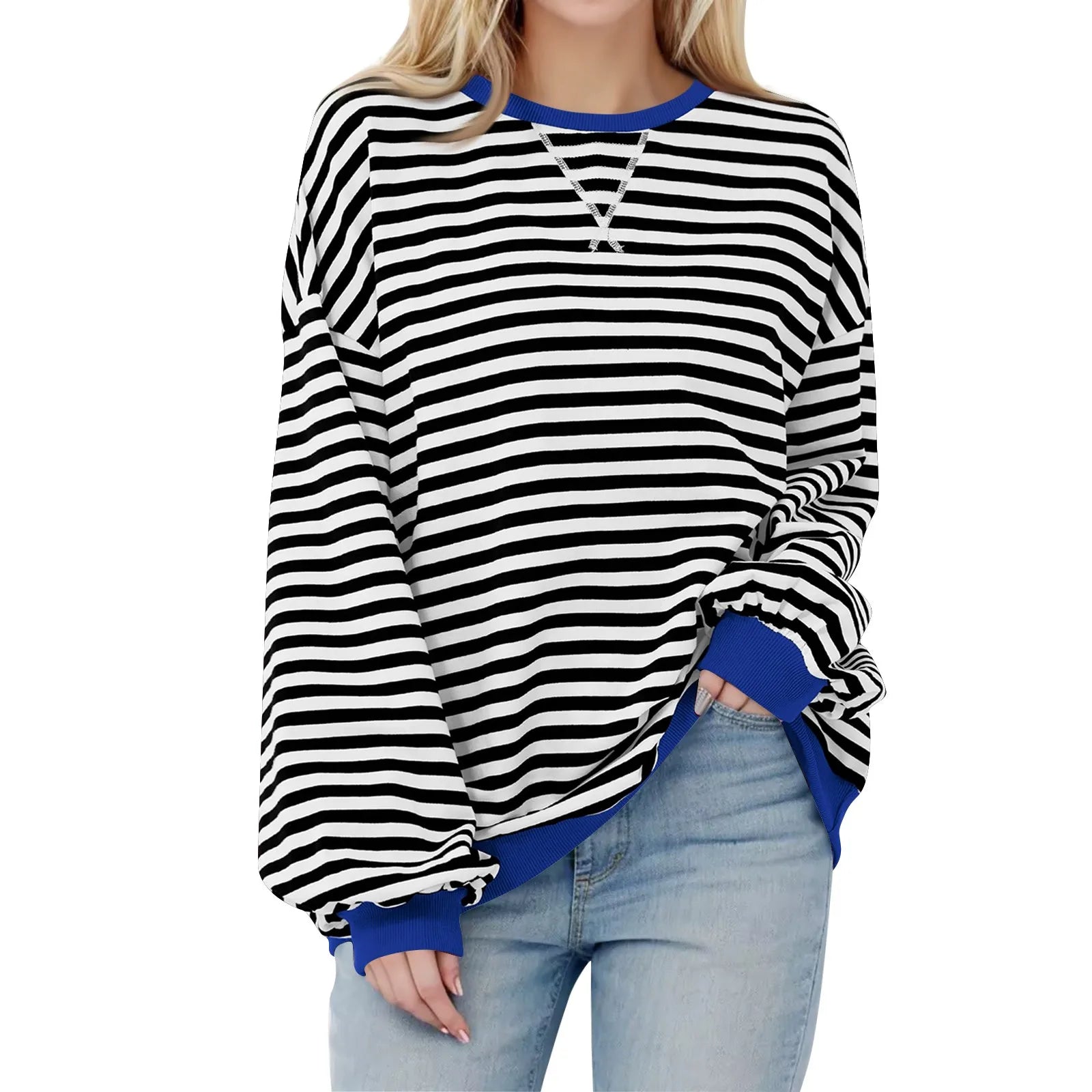 Women's Oversized Striped Long Sleeve T-Shirt | Korean Style Women's Casual Top Oasis Select Blue XL